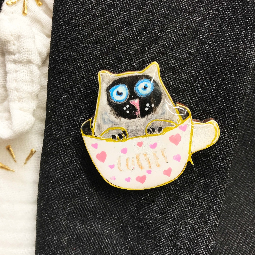Broche « Coffee Cat »  Siamois